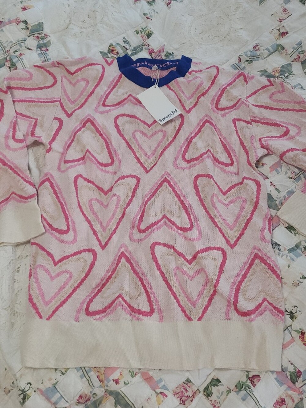 Splendid Pink and Cream Heart-Print Crewneck Sweater with Blue Trim CashmereWool